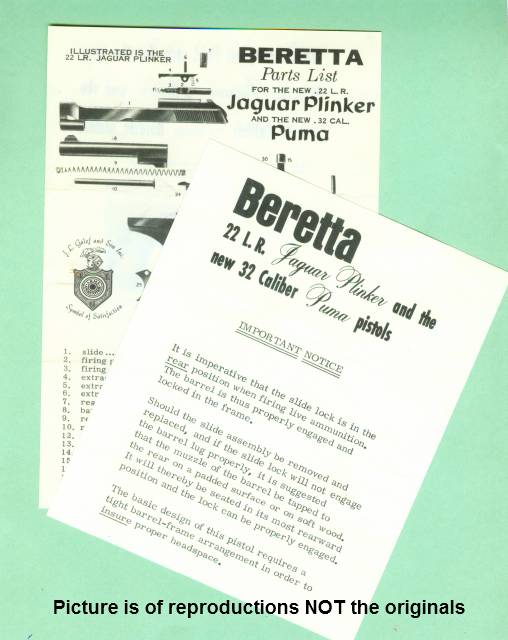 Beretta Jaguar Plinker and Puma Info Sheets Repro-img-0