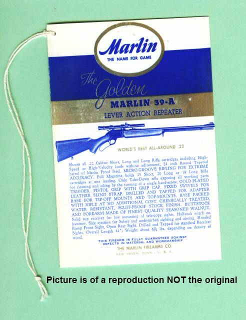 Marlin Model Golden 39-A MOUNTIE Hang Tag Manual Reproduction 