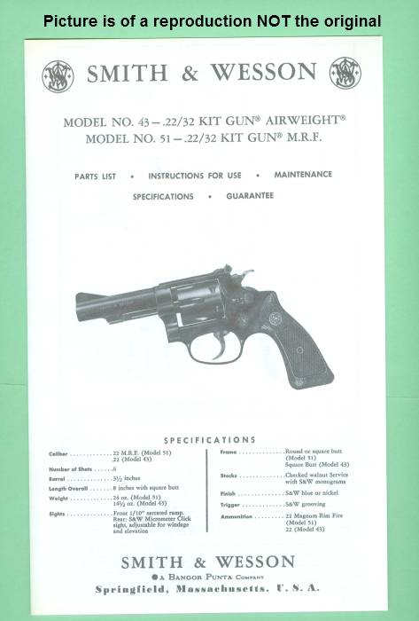 SMITH & WESSON .22/32 Kit Gun M.R.F REVOLVER Pistol MODEL 51 Gun Manual 
